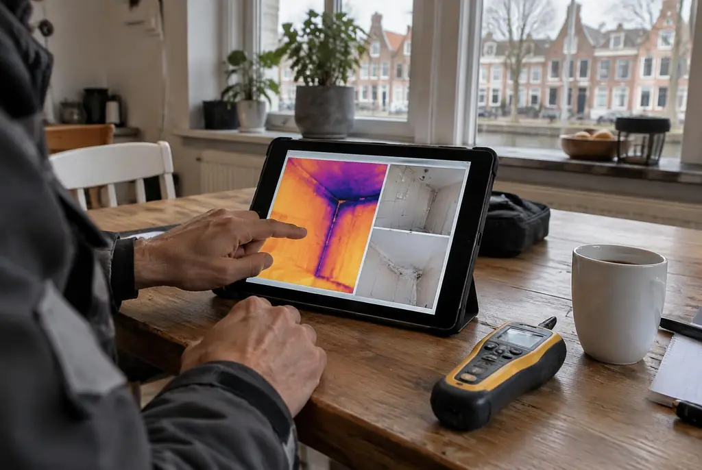 Lekdetectie Edam – lekdetectierapport met warmtebeelden en foto's op een tablet