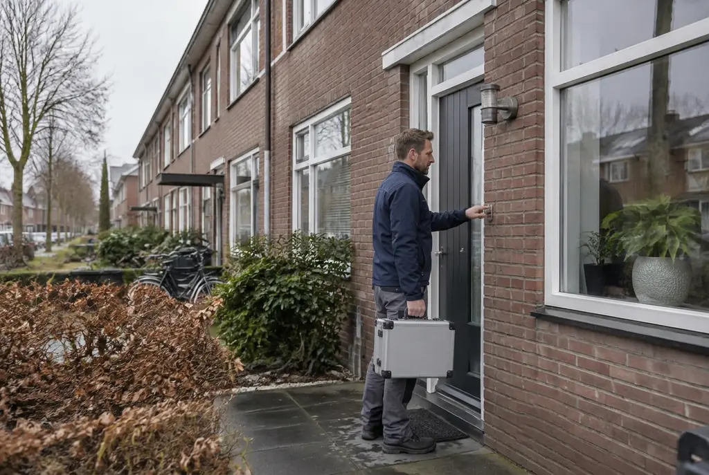 Lekdetectiespecialist met meetkoffer bij de voordeur van een woning in Edam